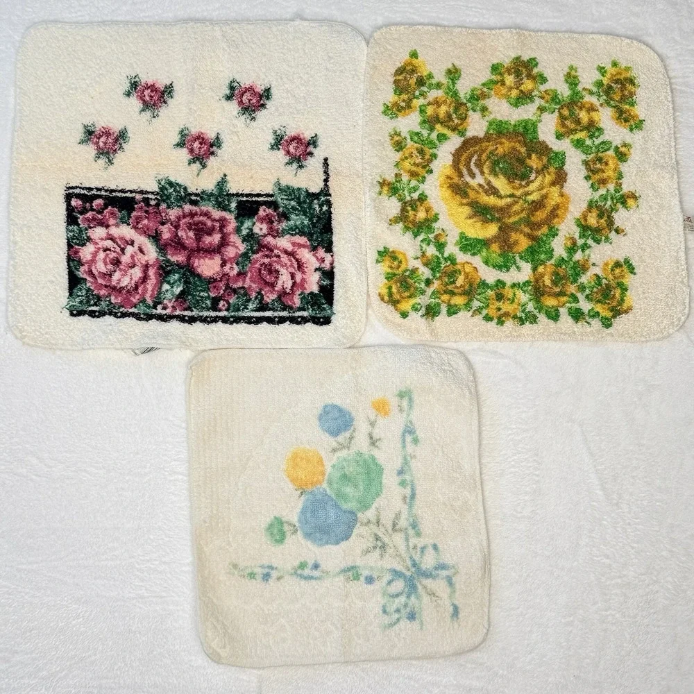 Vintage Floral Washcloth Lot 3 Rose Bath Linens Cottagecore Granny Chic Set‎ USA